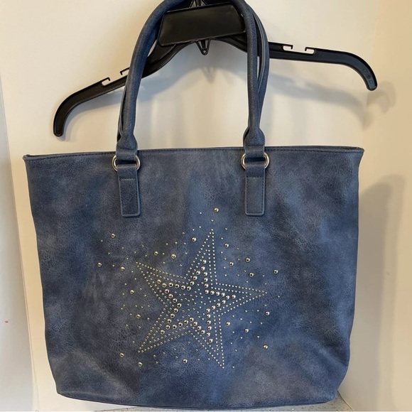 The Unbranded Brand Handbags - Blue Star Studded Tote Bag with Faux Suede Finish